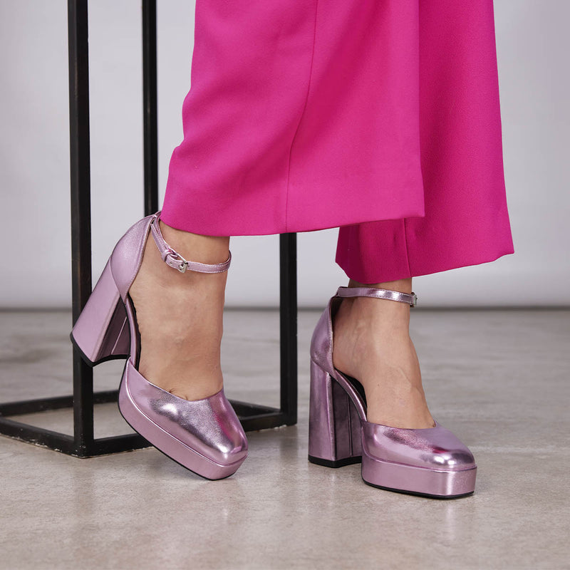 Zapatos rosa metalizado de tacón ancho y plataforma para mujer assynt