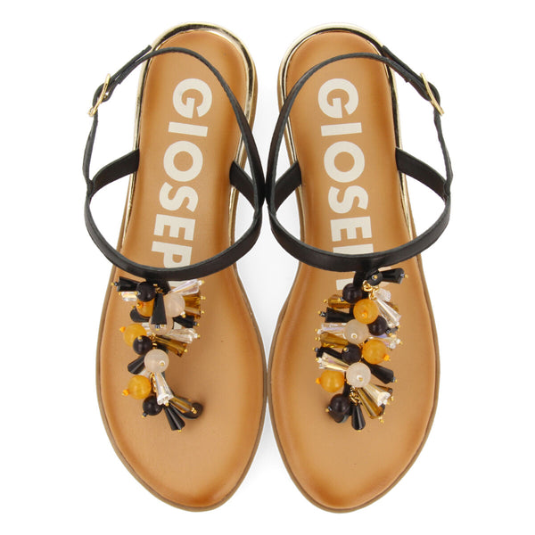 SANDALIAS NEGRAS CON TIRAS Y ADORNOS MULTICOLOR PARA MUJER KOMEN
