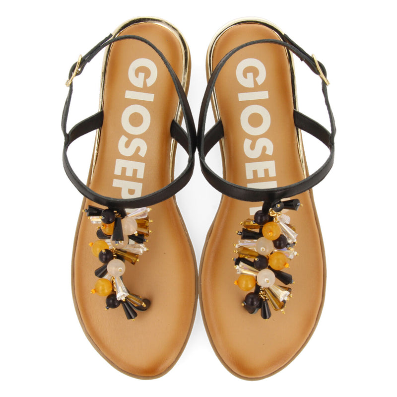 SANDALIAS NEGRAS CON TIRAS Y ADORNOS MULTICOLOR PARA MUJER KOMEN