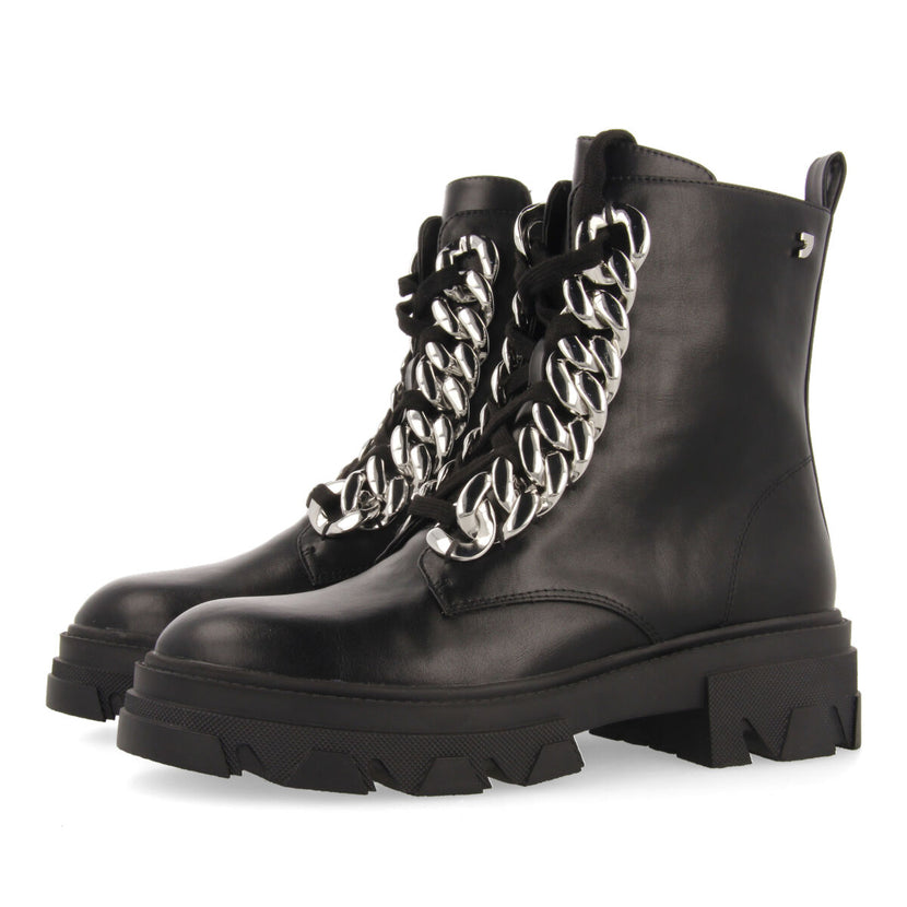 Holzthum women's black lace-up combat boots with track soles and maxi chains