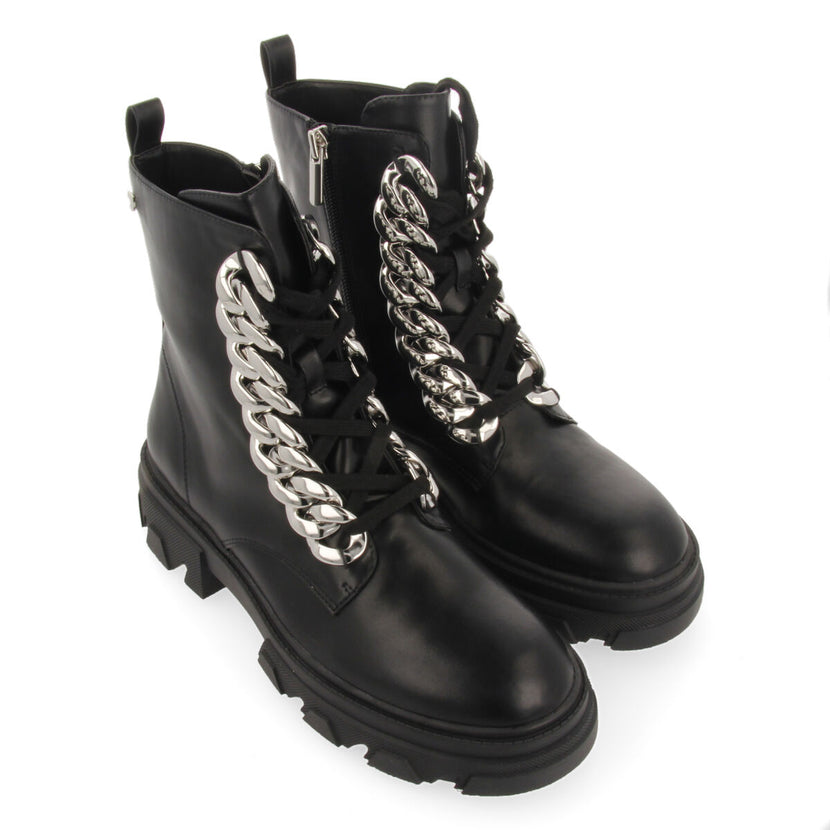 Holzthum women's black lace-up combat boots with track soles and maxi chains