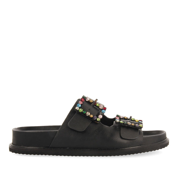 Sandalias negras tipo bio con hebillas con cristales multicolor para mujer koronadal