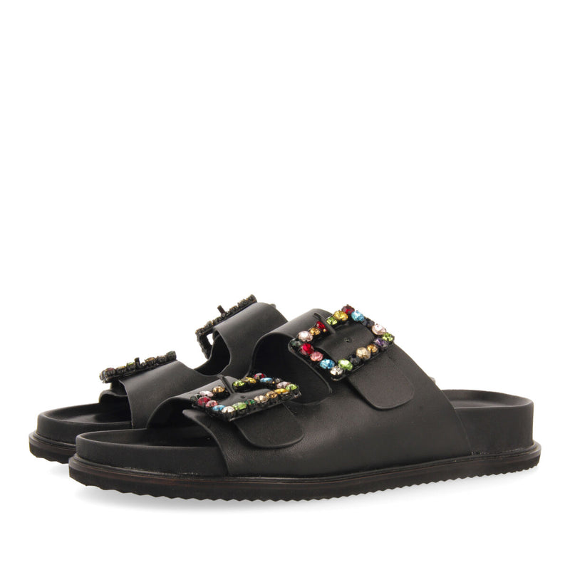 Sandalias negras tipo bio con hebillas con cristales multicolor para mujer koronadal
