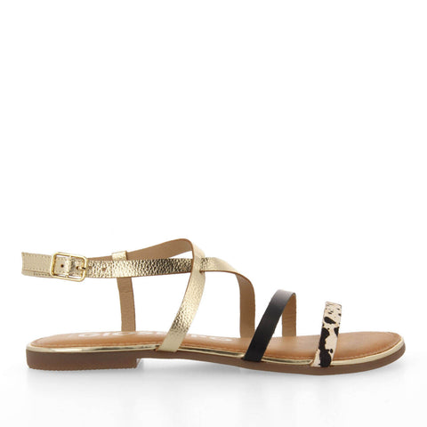 SANDALI CON STRISCE IN COLOR DORATO E STAMPA MACULATA PER DONNA MEGARA