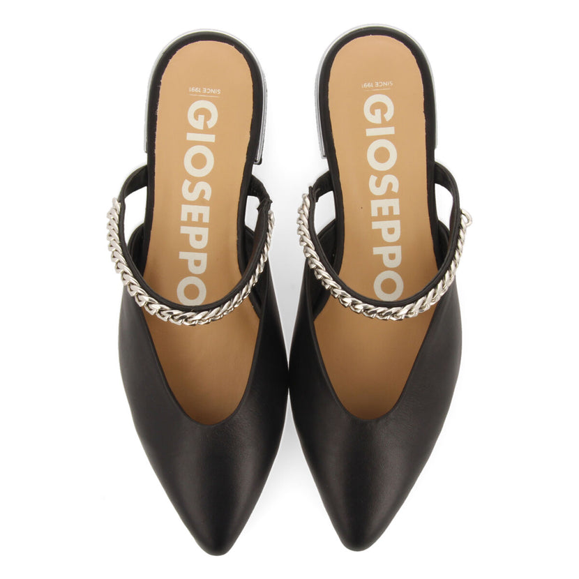 Sandalias negras tipo babucha con detalle de cadena para mujer esnon