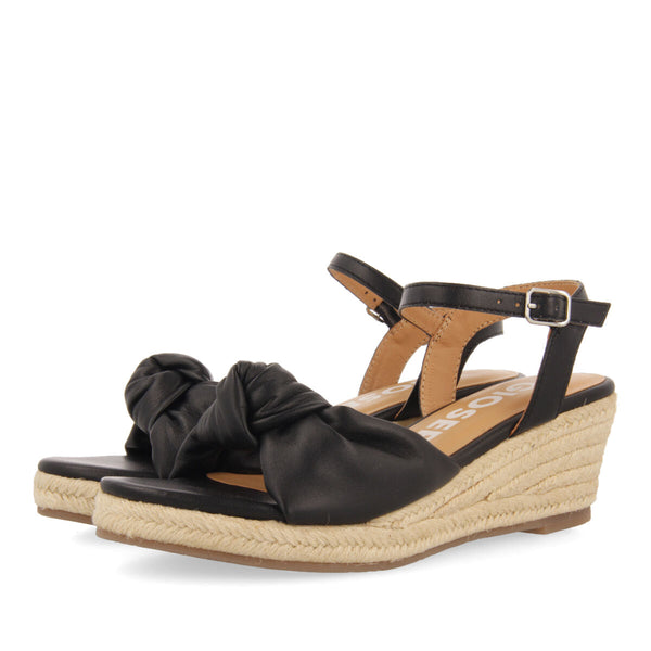 Gamboa women's black leather sandals with jute wedges