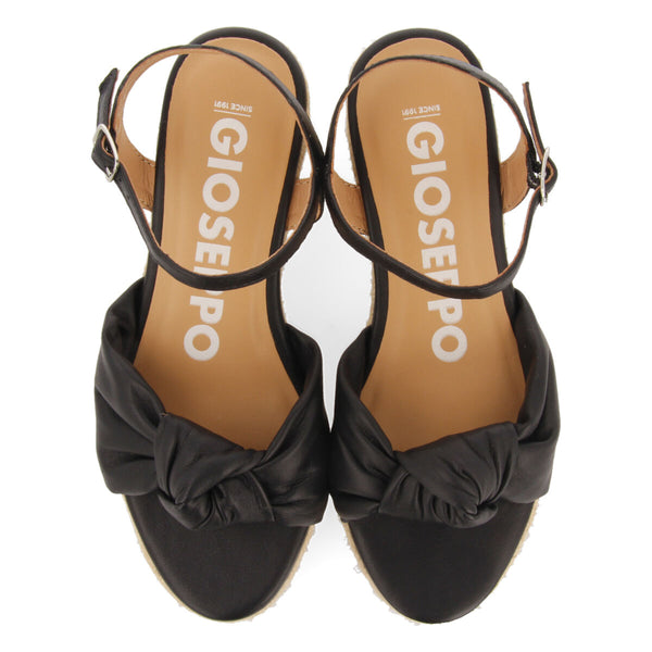 Gamboa women's black leather sandals with jute wedges