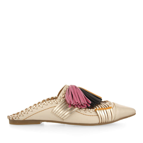 BABUCHAS DE PIEL OFF-WHITE CON BORLAS PARA MUJER PAPANTLA