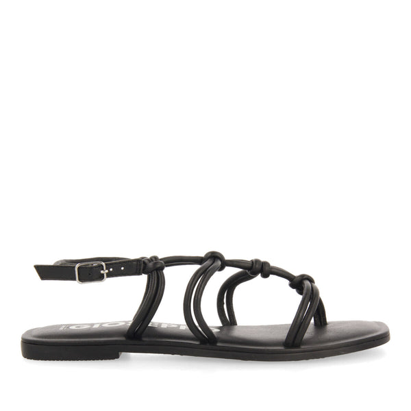 Sandalias planas de piel negras con tiras finas y detalle de nudos para mujer matinha