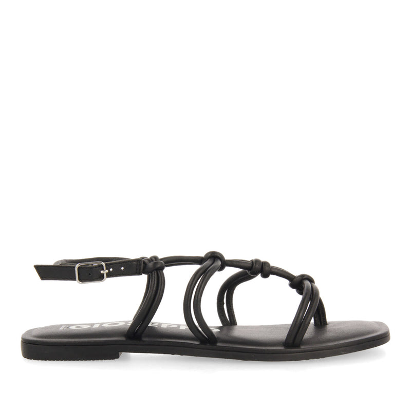 Sandalias planas de piel negras con tiras finas y detalle de nudos para mujer matinha