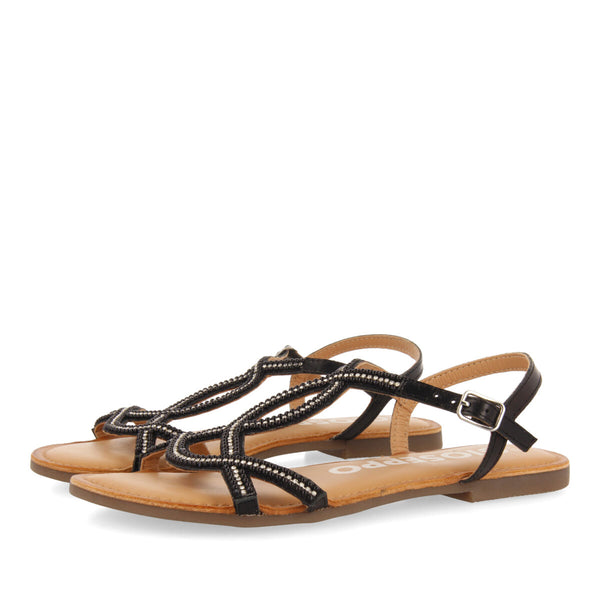 Sandalias planas negras con tiras y adornos para mujer corlier