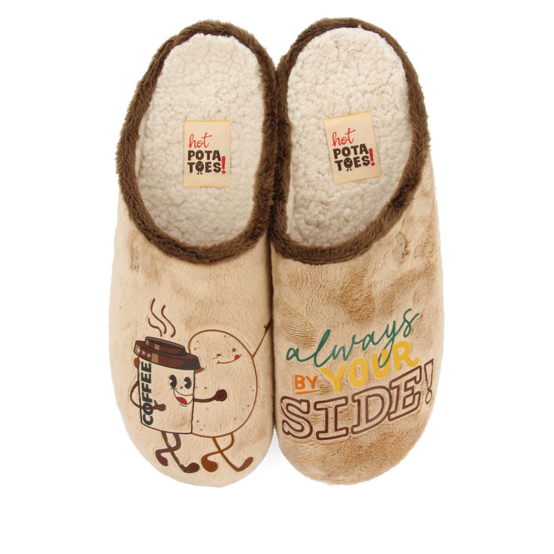 Zapatillas de estar por casa de pelo beige con patatilla con mensaje golspie