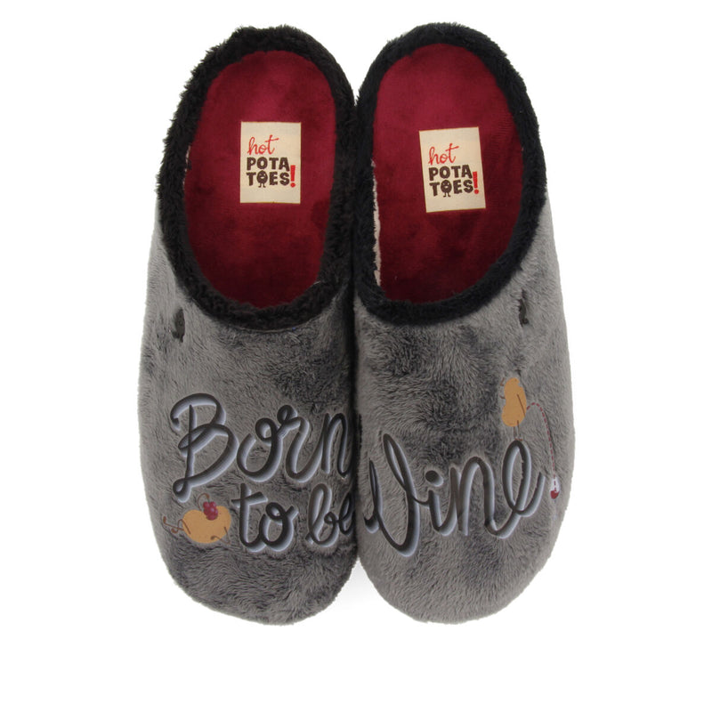 Zapatillas de estar por casa de pelo gris con patatilla con mensaje hardegg