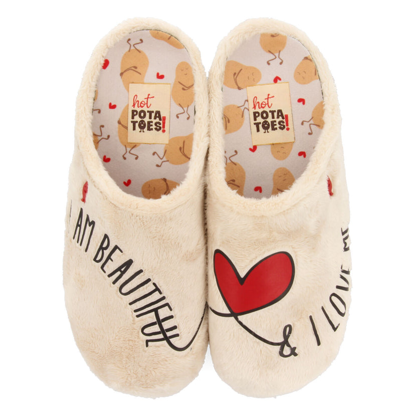 Zapatillas de estar por casa de pelo beig con mensaje Raften