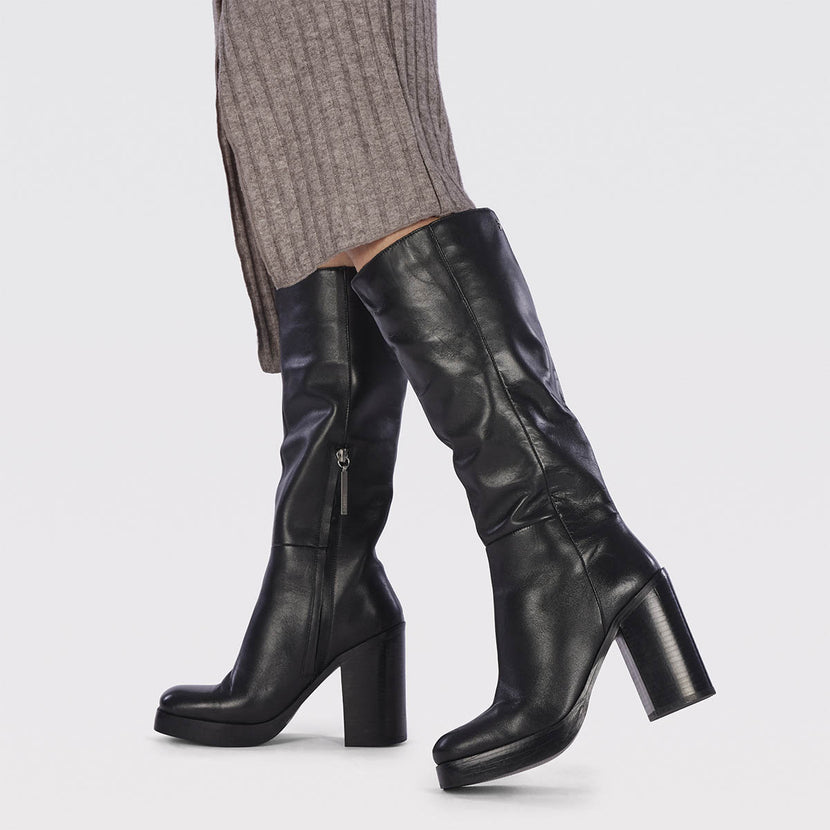 Bota alta en piel color moka con plataforma y tacón ancho para mujer tarnet