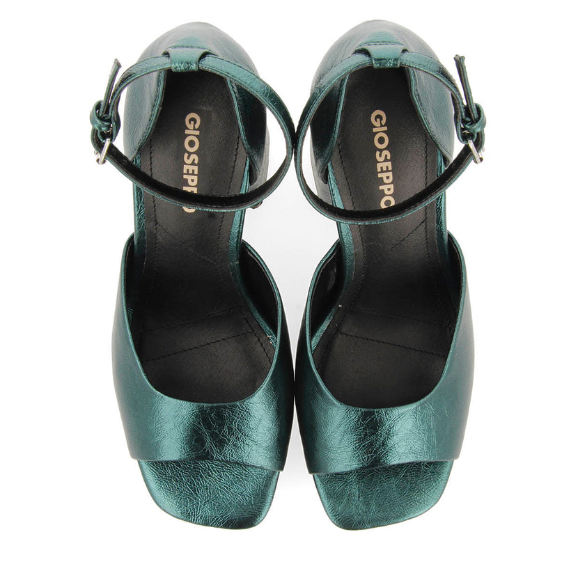 Blunt women's metallic green sandals with wide heels and platforms