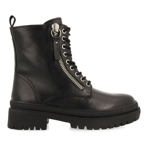 MALLAIG WOMEN'S BLACK LEATHER BIKER BOOTS WITH TRACK SOLES AND A DECORATIVE METALLIC ZIP