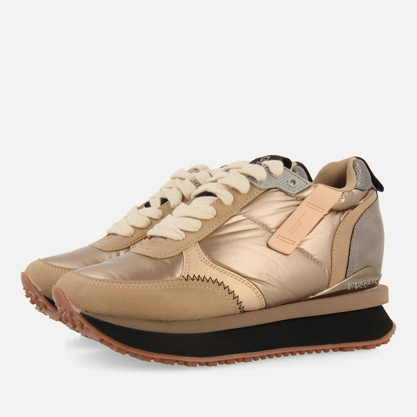 Sneakers dorate monocolore imbottite con dettagli e zeppa interna da donna anif