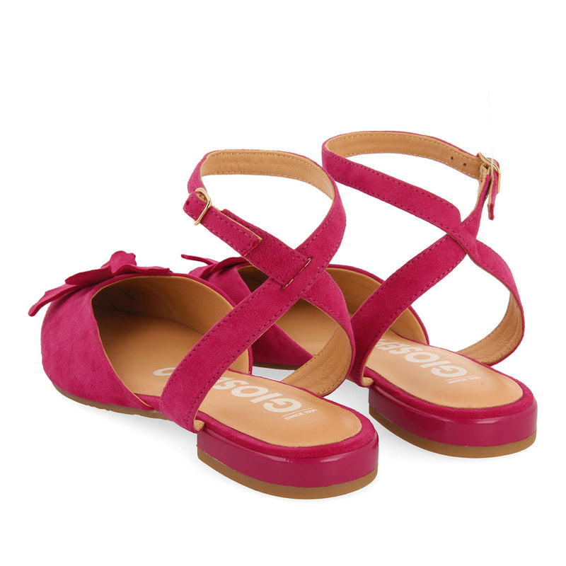 BAILARINAS DE PIEL FUCSIA DESTALONADAS CON DETALLE DE FLOR PARA MUJER HOWEY