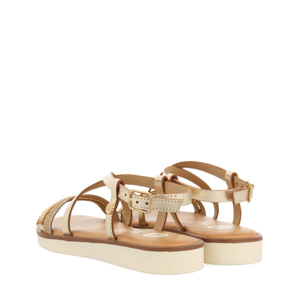 GOLDEN LEATHER SANDALS WITH BRAIDING, GLITTER AND METALLIC ACCENTS FOR GIRL AND BOY MERRILL