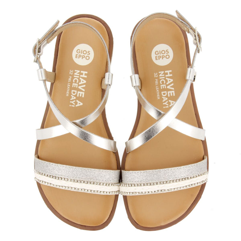 SILVER LEATHER SANDALS WITH BRAIDING, GLITTER AND METALLIC ACCENTS FOR GIRL AND BOY MERRILL