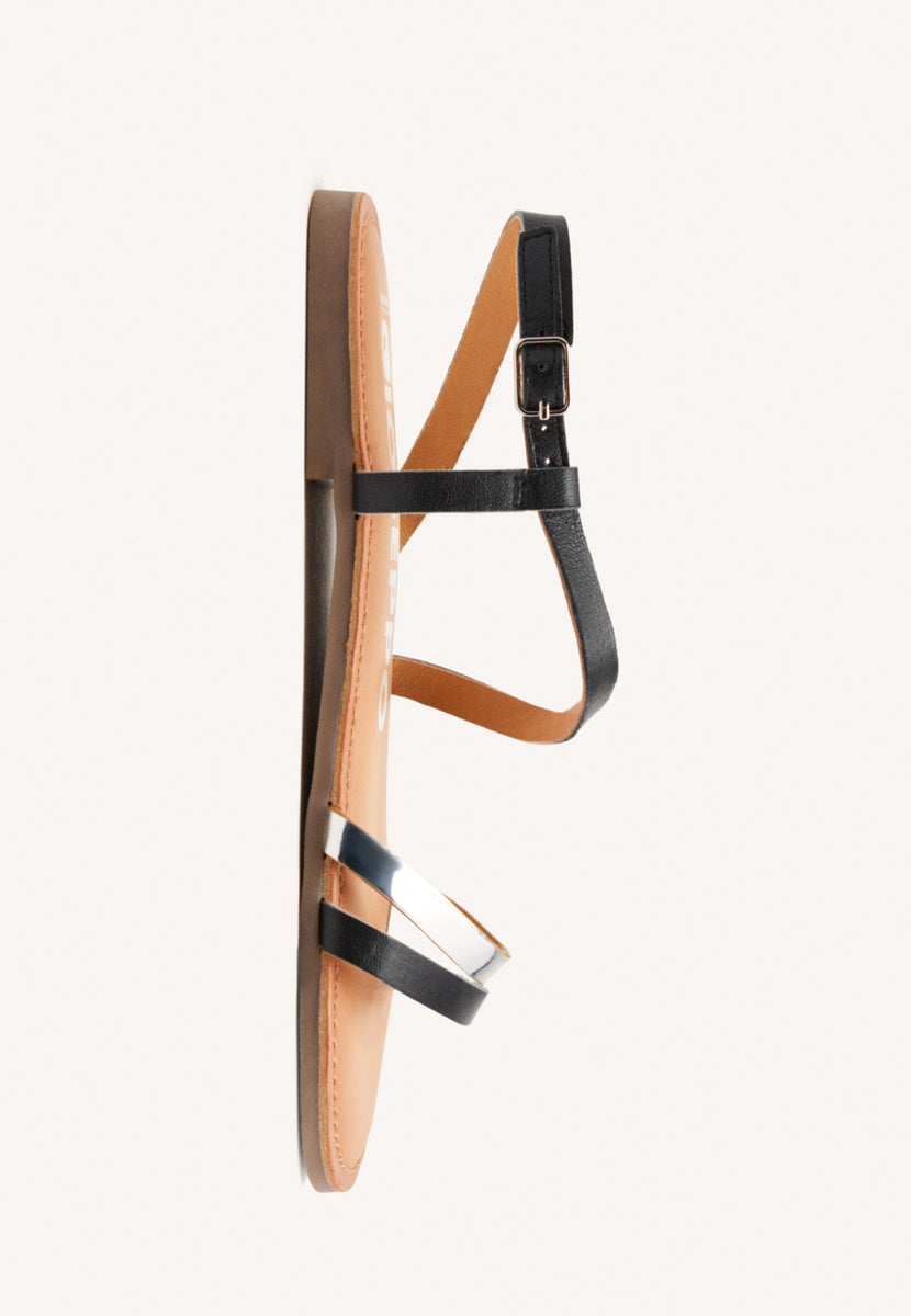 SANDALI IN PELLE CON STRISCE NERE E METALLIZZATE PER DONNA BARGEME