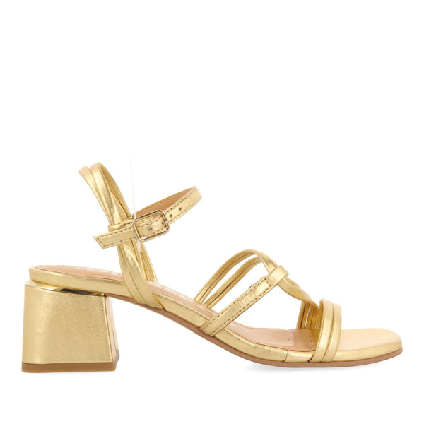 SANDALIAS DORADAS DE TACÓN CON TIRAS TRENZADAS PARA MUJER PUSTEC