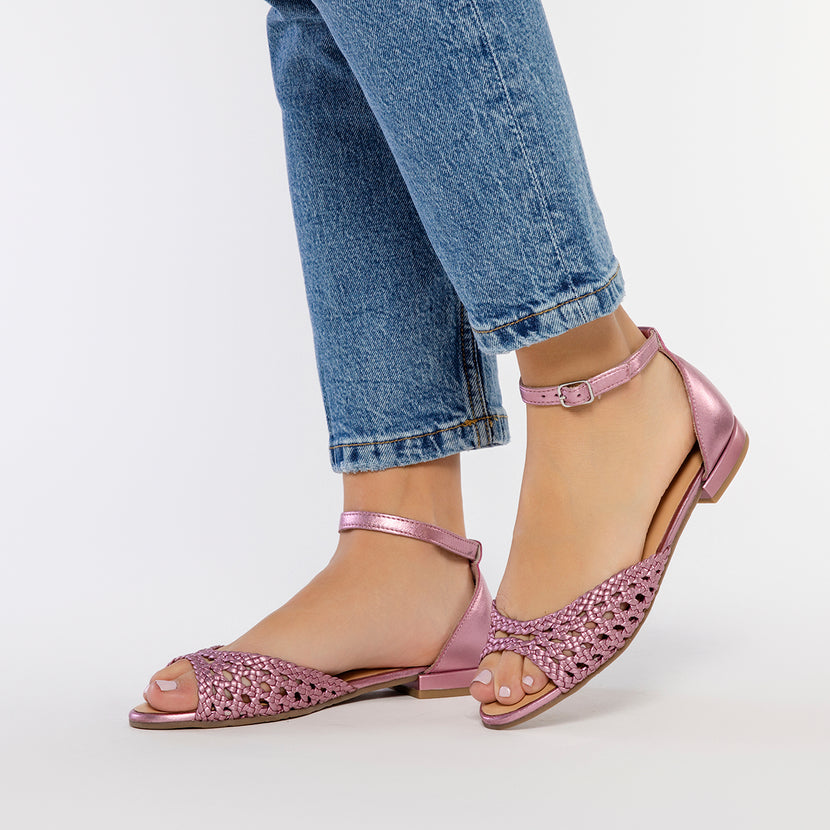 BALLERINE ROSA A PUNTA APERTA IN PELLE CON INTRECCI E CHIUSURA A BRACCIALE PER DONNA MAUPIN