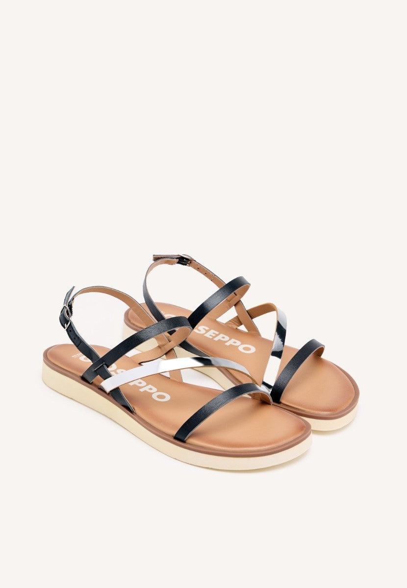 LEATHER SANDALS WITH BLACK AND METALLIC STRAPS FOR WOMEN CARBIS