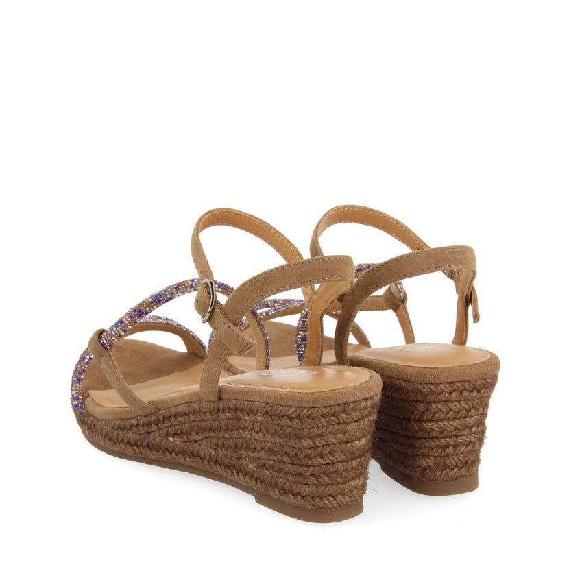 SANDALI TAUPE CON STRISCE CON CRISTALLI MULTICOLOR E ZEPPA IN IUTA PER DONNA TRESCO
