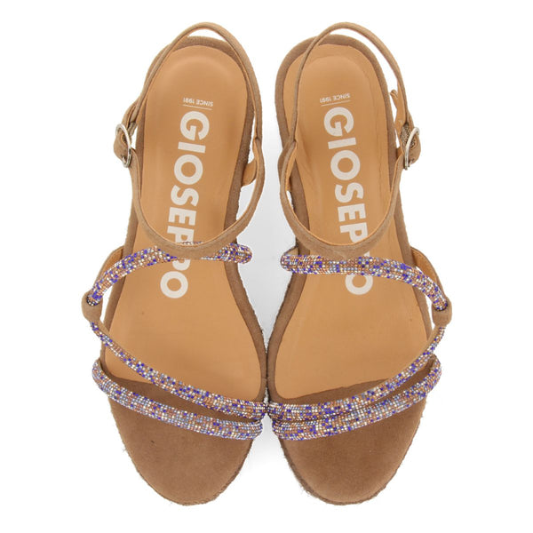 SANDALI TAUPE CON STRISCE CON CRISTALLI MULTICOLOR E ZEPPA IN IUTA PER DONNA TRESCO