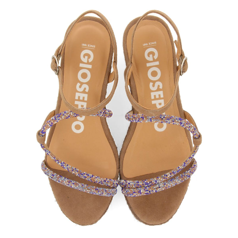 SANDALI TAUPE CON STRISCE CON CRISTALLI MULTICOLOR E ZEPPA IN IUTA PER DONNA TRESCO
