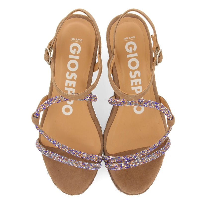 SANDALI TAUPE CON STRISCE CON CRISTALLI MULTICOLOR E ZEPPA IN IUTA PER DONNA TRESCO