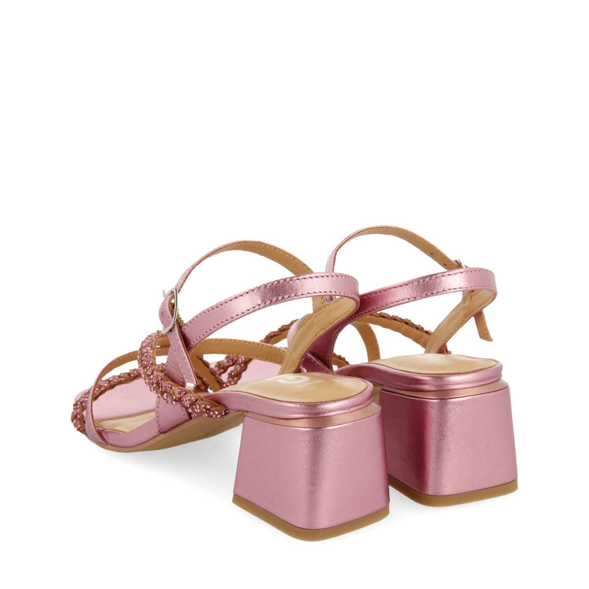 SANDALIAS DE TACÓN FUCSIA CON TIRAS CON DETALLES DE PEDRERÍA PARA MUJER NISCEMI