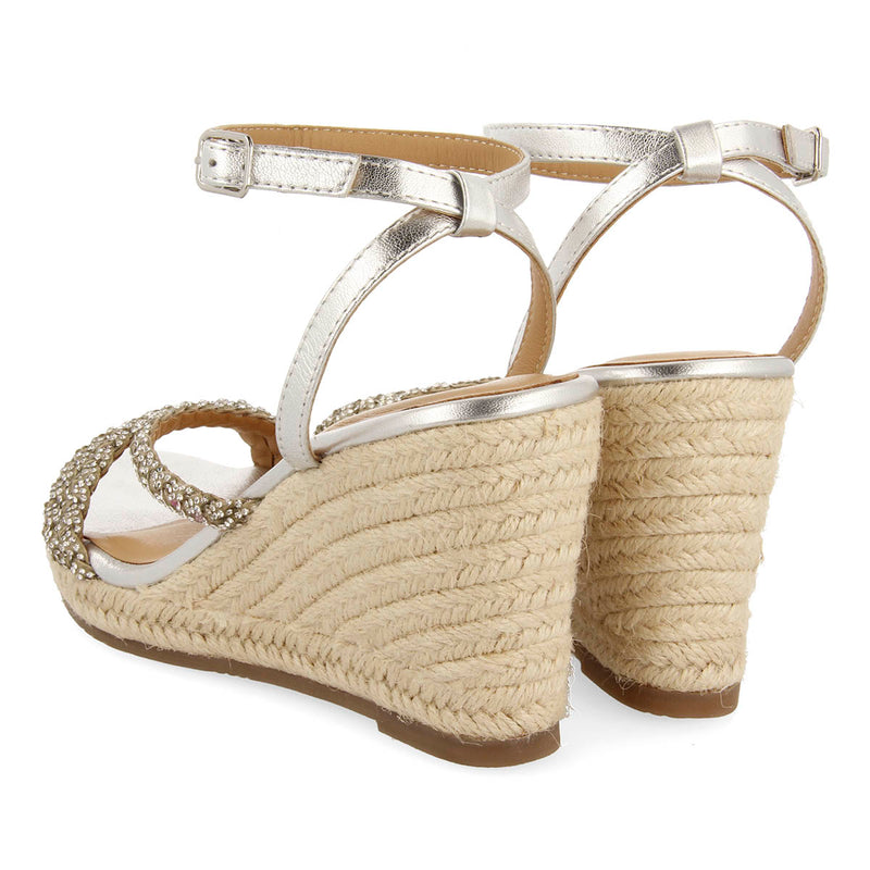 SANDALI IN PELLE COLORE ARGENTO CON STRISCE CON GIOIELLI E ZEPPA ALTA DI YUTE PER DONNA MENFI