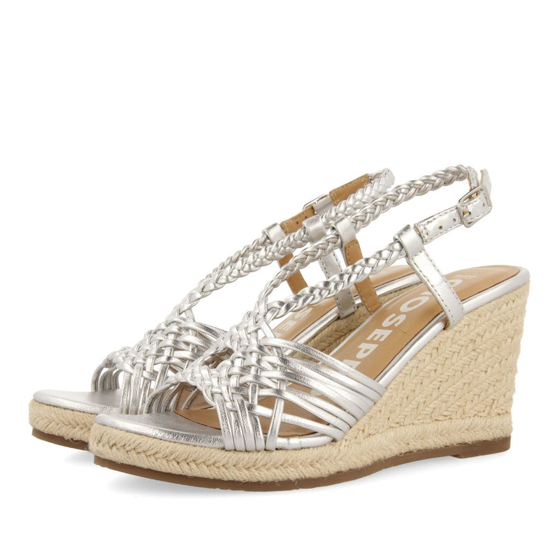 SILVER LEATHER SANDALS WITH STRAPS AND HIGH JUTE WEDGE FOR WOMEN GLIDE