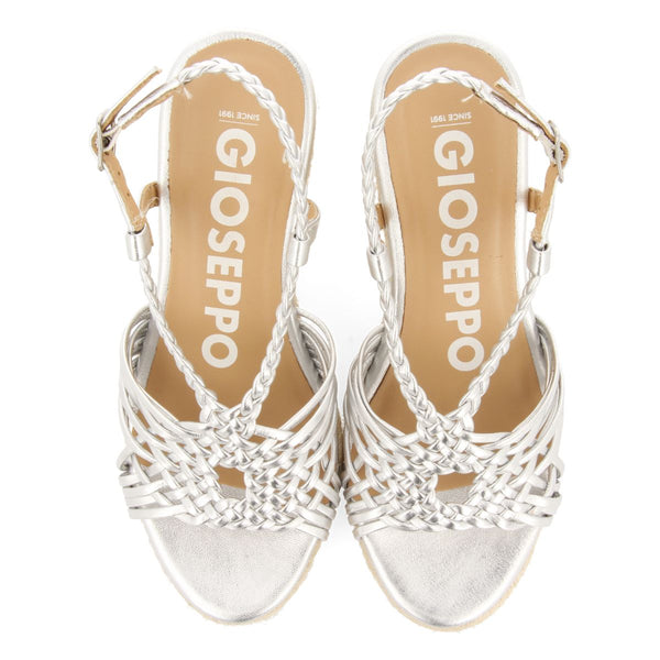 SILVER LEATHER SANDALS WITH STRAPS AND HIGH JUTE WEDGE FOR WOMEN GLIDE