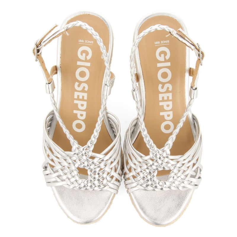 SILVER LEATHER SANDALS WITH STRAPS AND HIGH JUTE WEDGE FOR WOMEN GLIDE