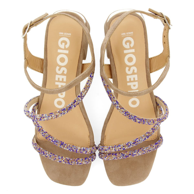 SANDALIAS TAUPE DE TACÓN CON TIRAS CON PEDRERÍA PARA MUJER CAKOVEC