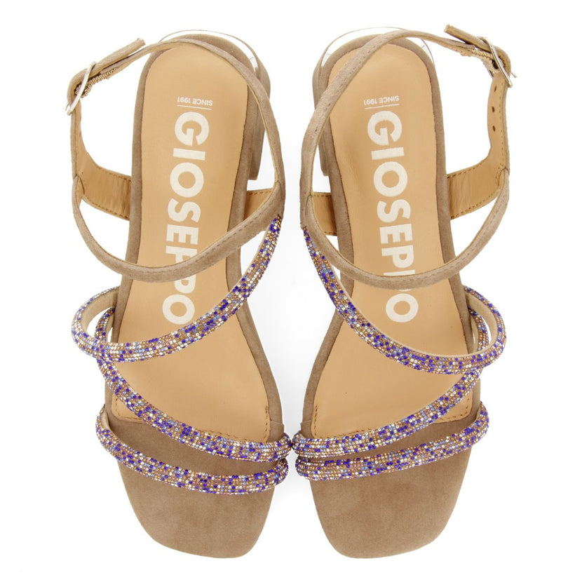 SANDALIAS TAUPE DE TACÓN CON TIRAS CON PEDRERÍA PARA MUJER CAKOVEC