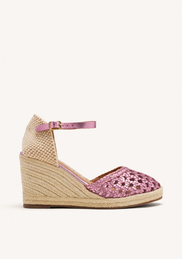 ESPADRILLES ROSES EN CUIR TRESSÉ AVEC TALON COMPENSÉ EN CORDE POUR FEMME SERIGNAN