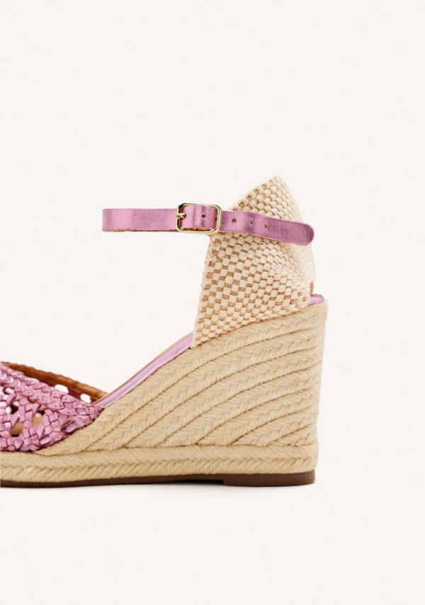 ESPADRILLES ROSES EN CUIR TRESSÉ AVEC TALON COMPENSÉ EN CORDE POUR FEMME SERIGNAN