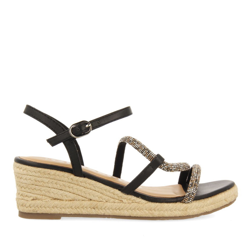 SANDALIAS NEGRAS CON TIRAS CON CRISTALES MULTICOLOR Y CUÑA DE YUTE PARA MUJER CATANIA