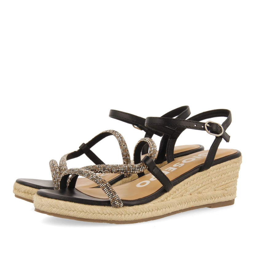 SANDALIAS NEGRAS CON TIRAS CON CRISTALES MULTICOLOR Y CUÑA DE YUTE PARA MUJER CATANIA