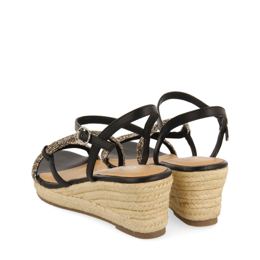 SANDALIAS NEGRAS CON TIRAS CON CRISTALES MULTICOLOR Y CUÑA DE YUTE PARA MUJER CATANIA