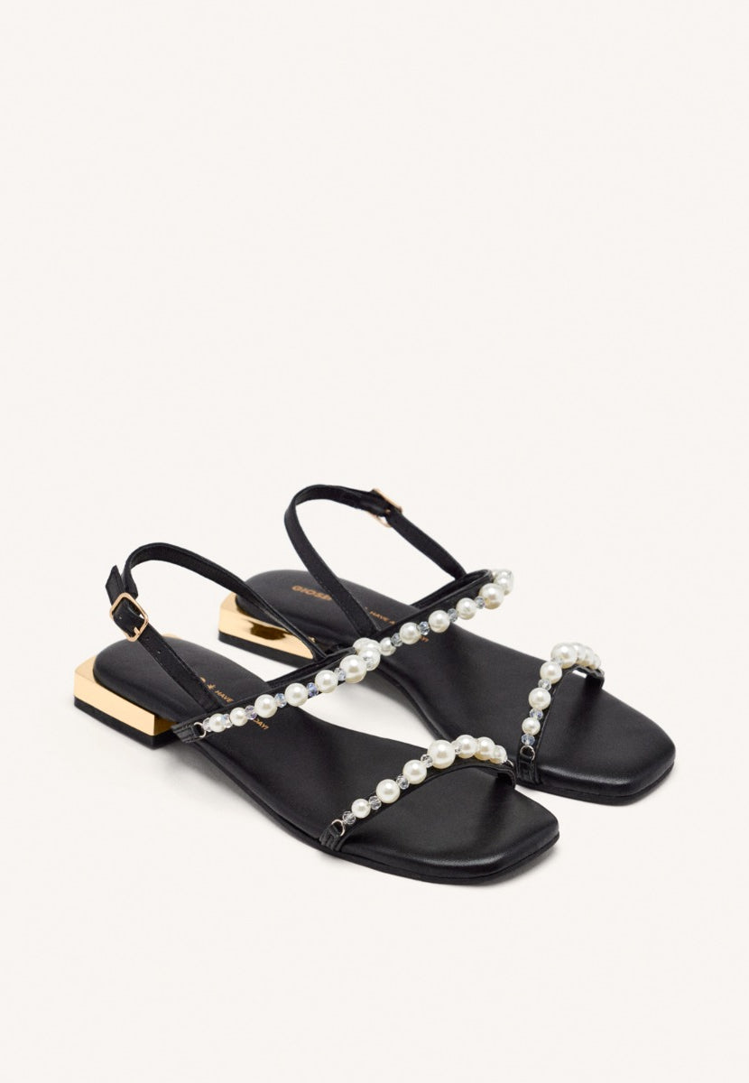 SANDALI IN PELLE NERA CON PERLE PER DONNA ZERQAN