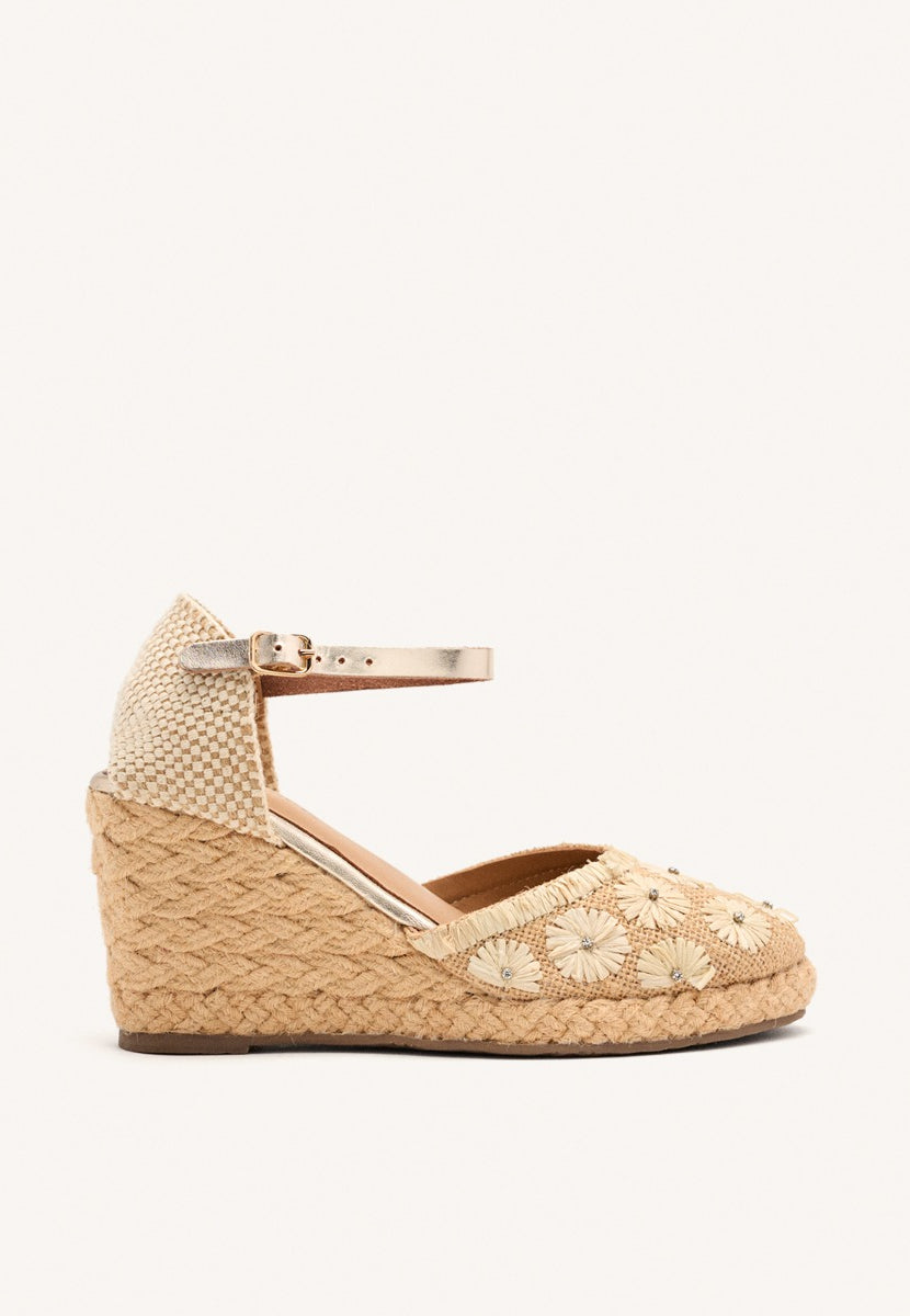 EMBROIDERED LEATHER ESPADRILLES AND RAFFIA WEDGE BENNETT