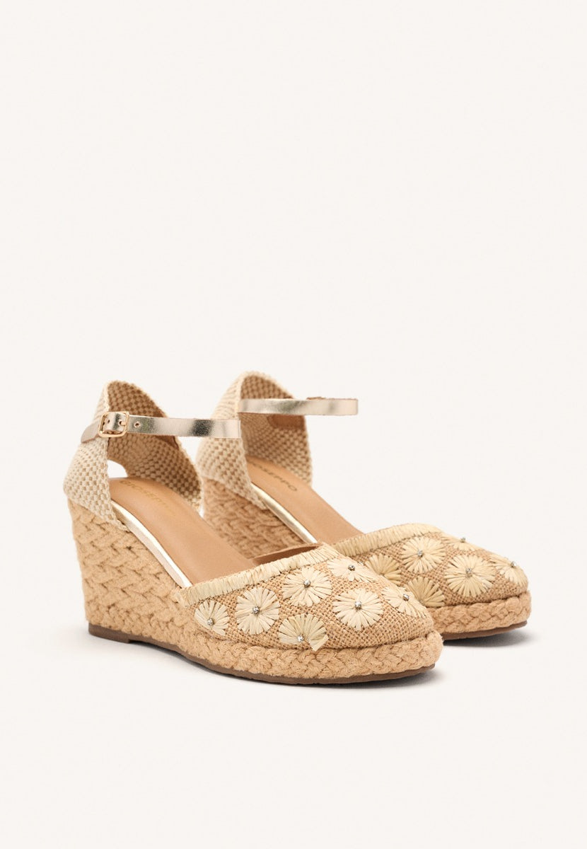 EMBROIDERED LEATHER ESPADRILLES AND RAFFIA WEDGE BENNETT