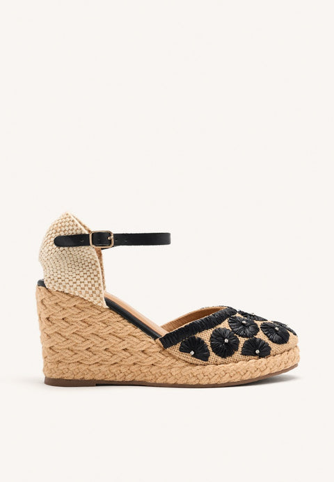 EMBROIDERED LEATHER ESPADRILLES AND RAFFIA WEDGE BENNETT