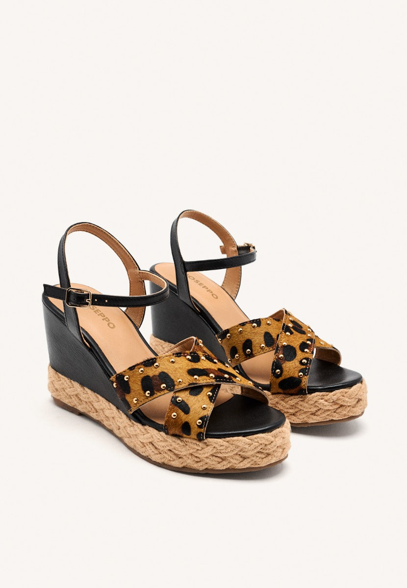 LEOPARD LEATHER WEDGE SANDALS DELAFIELD